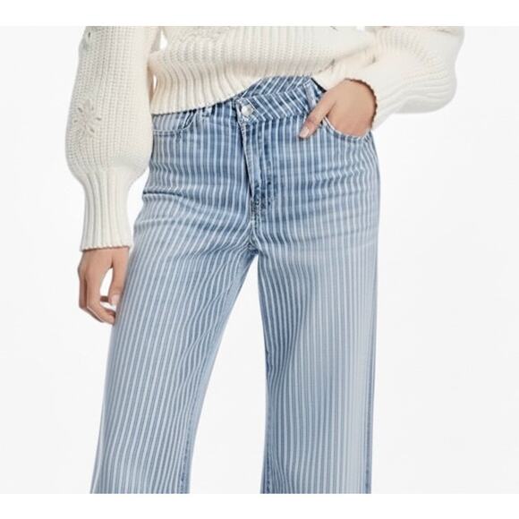 AQUA Women's Size 25 Blue Pinstripes Denim MidRise Wide Leg Frayed Hem Jeans - Picture 1 of 10